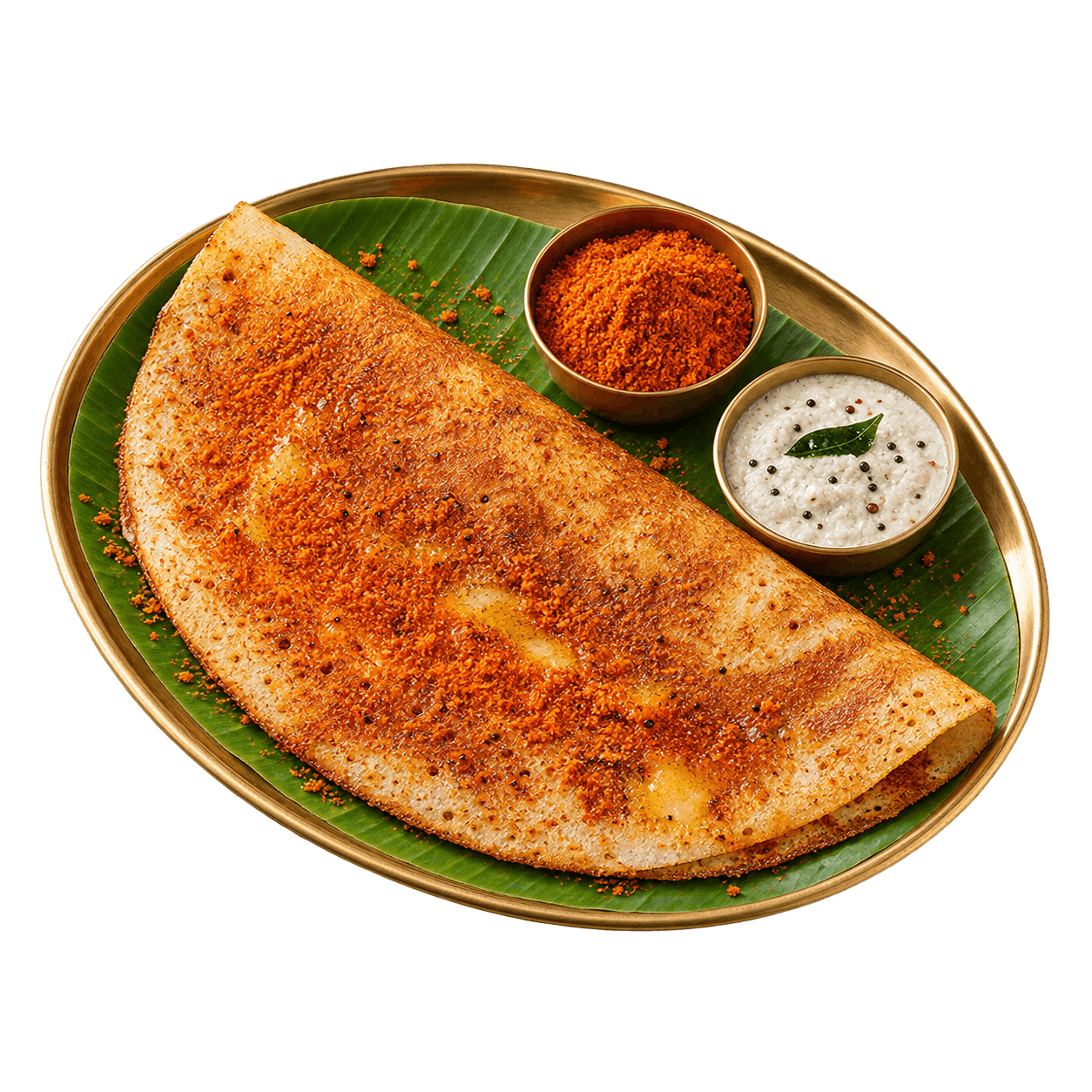 Maa Palle Podi Dosalu served on a banana leaf
