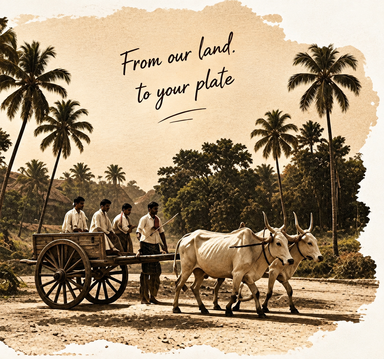 Sepia photograph of farmers with a bullock cart beneath coconut palms