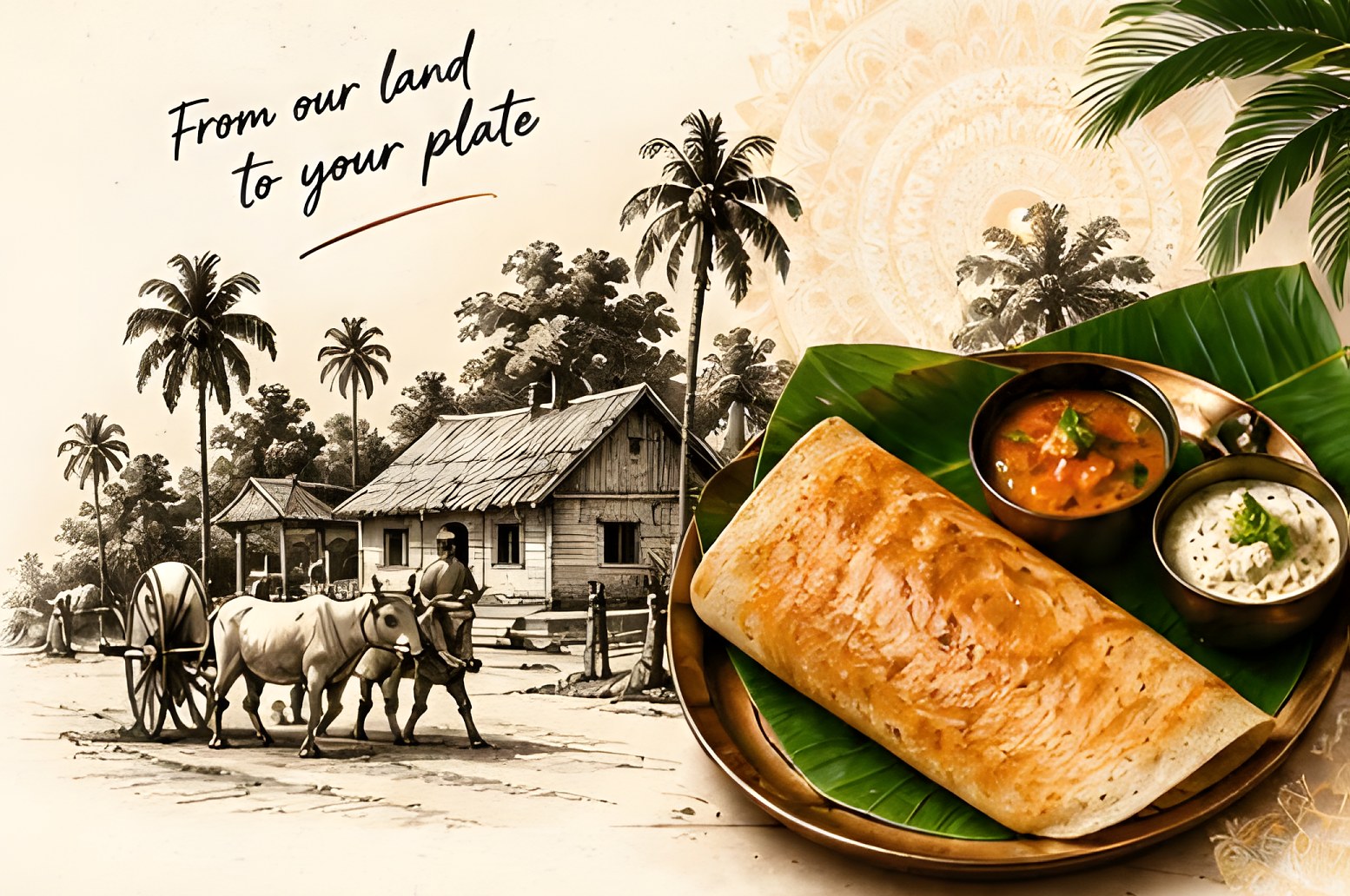 Sketch of an Andhra village beside a dosa on a banana leaf