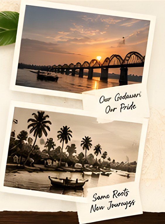 Photos of the Godavari bridge and a palm-lined river