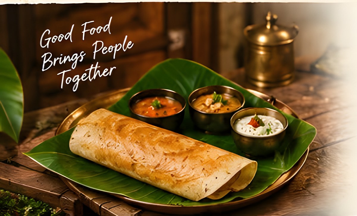 Dosa with sambar and chutneys on a brass plate